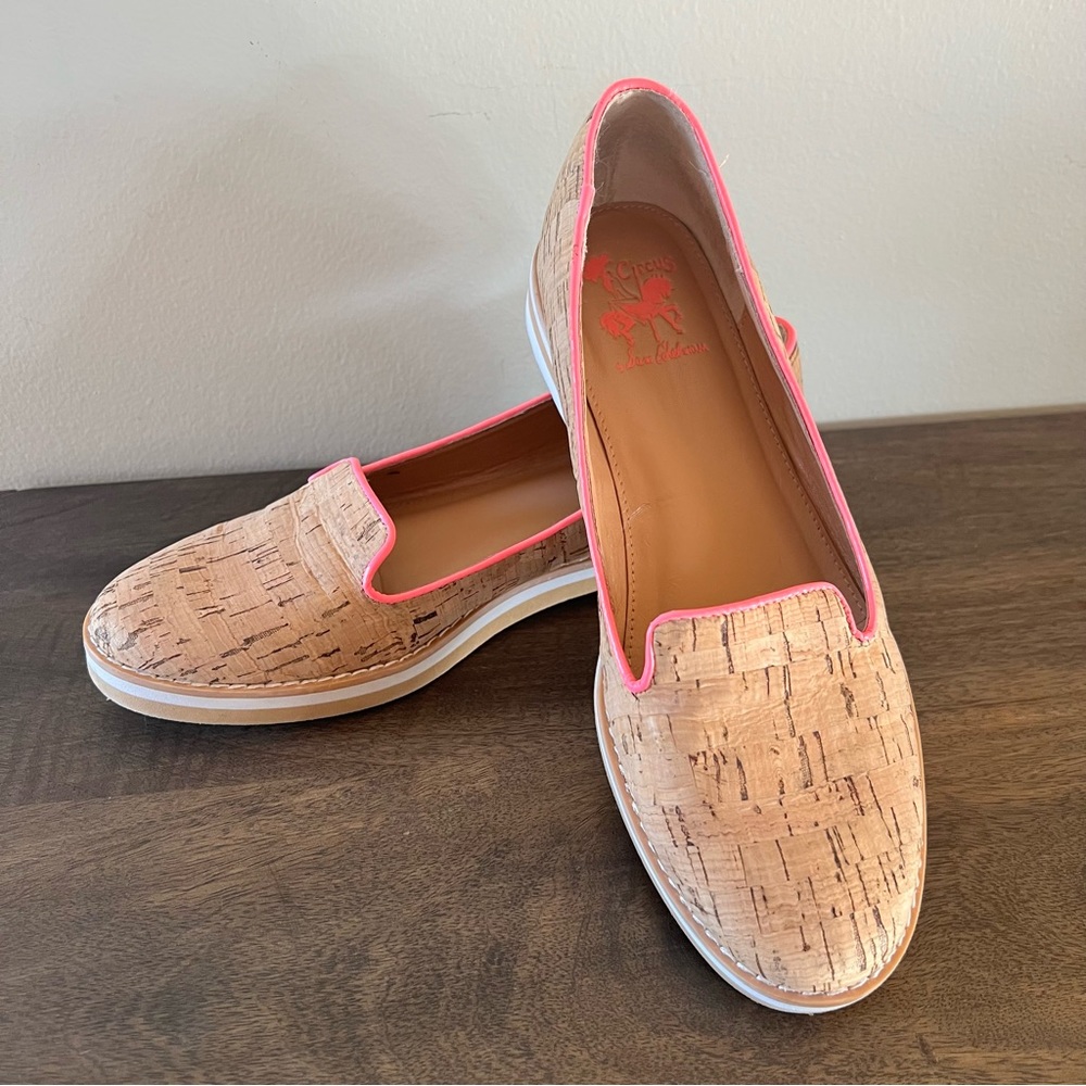 Sam Edelman Circus NY Addison Cork Tan Flats Loafer with Pink Trim 7.5